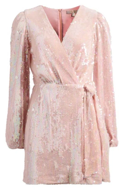 Wayf Flash Sequin Long Sleeve Faux Wrap Minidress In Blush