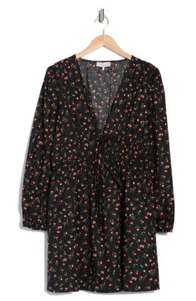 Wayf Floral Long Sleeve Ruched Minidress In Black Ditsy