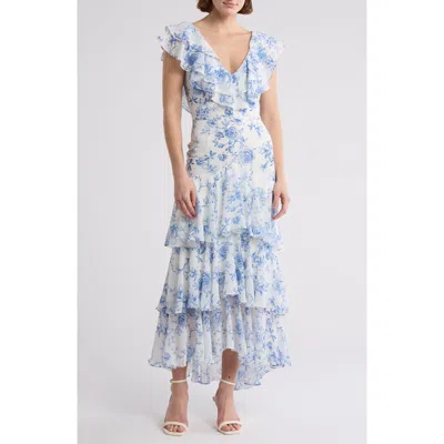 Wayf Floral Ruffle Tiered Dress In Blue Toile