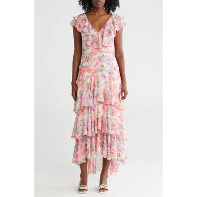 Wayf Floral Ruffle Tiered Dress In Lavender Allover