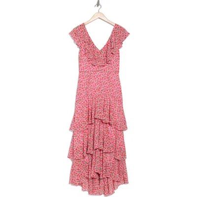 Wayf Floral Ruffle Tiered Dress In Pink/red Mini Roses
