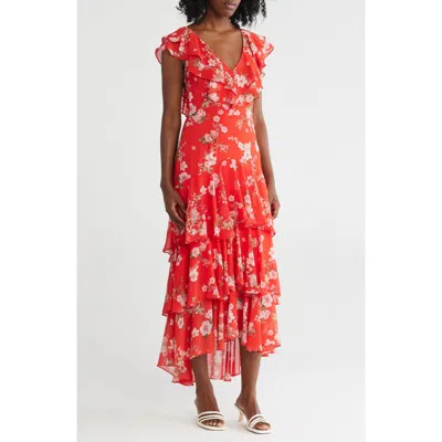 Wayf Floral Ruffle Tiered Dress In Tomato Floral