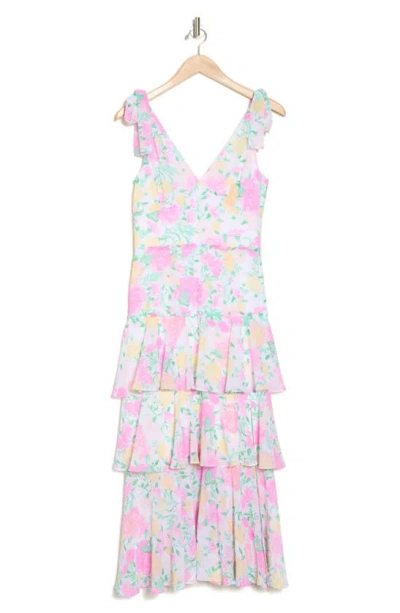 Wayf Floral Tiered Tie Strap Midi Dress In Pink Carnations