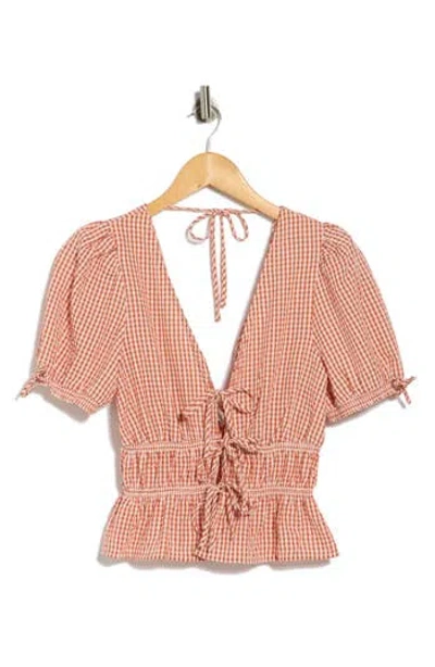 Wayf Gingham Short Sleeve Tie Front Top In Brown