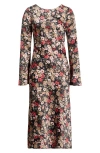 Wayf Gladys Floral Scoop Back Long Sleeve Midi Dress In Black Allover