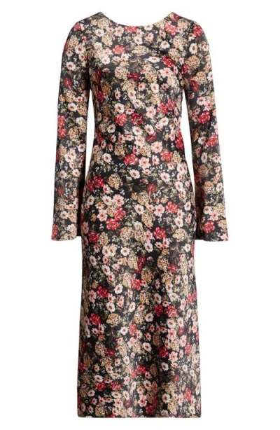 Wayf Gladys Floral Scoop Back Long Sleeve Midi Dress In Black Allover
