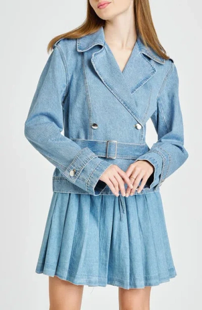 Wayf Harper Denim Trench Coat In Vintage Blue