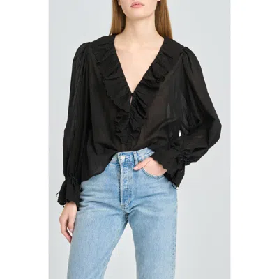 Wayf Helena Eyelet Ruffle Cotton Lawn Top In Black