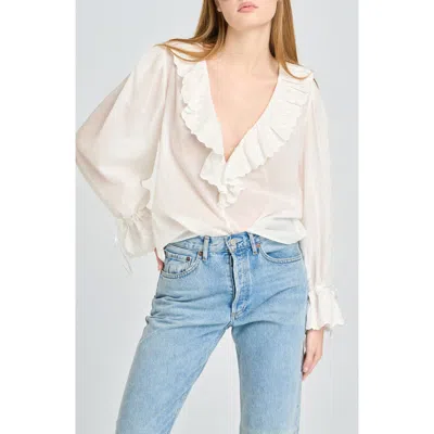 Wayf Helena Eyelet Ruffle Cotton Lawn Top In White