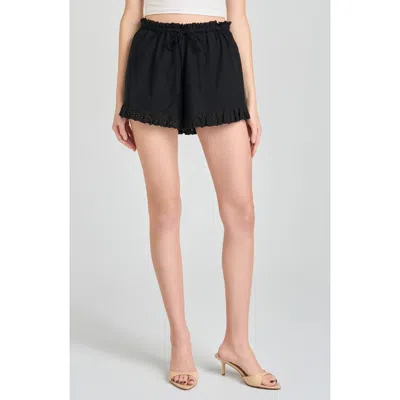 Wayf Helena Eyelet Ruffle Stretch Cotton Shorts In Black