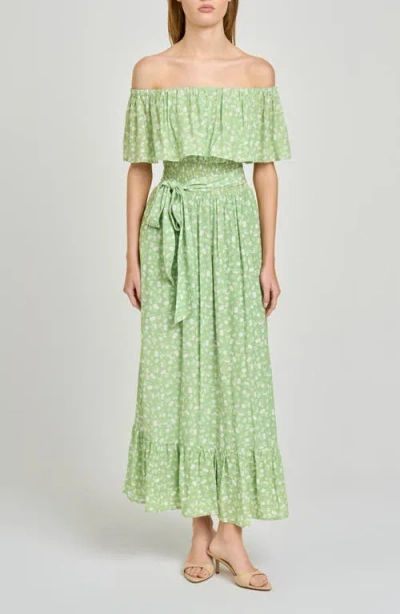 Wayf Indie Ditsy Floral Off The Shoulder Tiered Midi Dress In Green