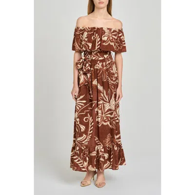 Wayf Indie Floral Print Off The Shoulder Maxi Dress In Brown
