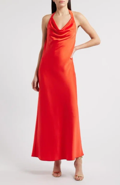 Wayf Irene Halter Neck Satin Slipdress In Persimmon
