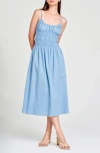 Wayf Isabelle Smocked Linen Blend Midi Sundress In Dusty Blue