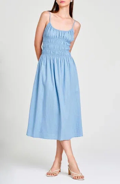 Wayf Isabelle Smocked Linen Blend Midi Sundress In Dusty Blue