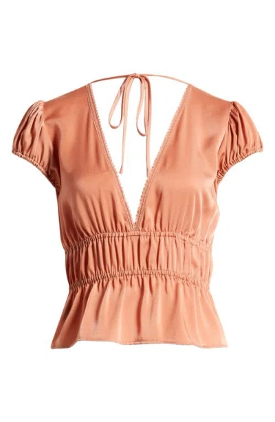Wayf Jolie Smocked Tie Front Top In Sienna