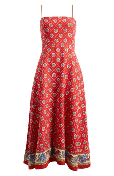 Wayf Josefina Scarf Print Linen Blend Midi Dress In Red Scarf
