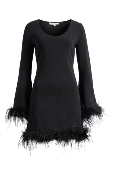 Wayf Karlie Feather Trim Long Sleeve Minidress In Black