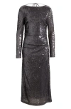 Wayf Kieran Sequin Cowl Back Long Sleeve Cocktail Dress In Gunmetal