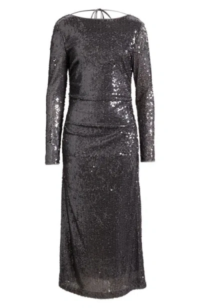 Wayf Kieran Sequin Cowl Back Long Sleeve Cocktail Dress In Gunmetal