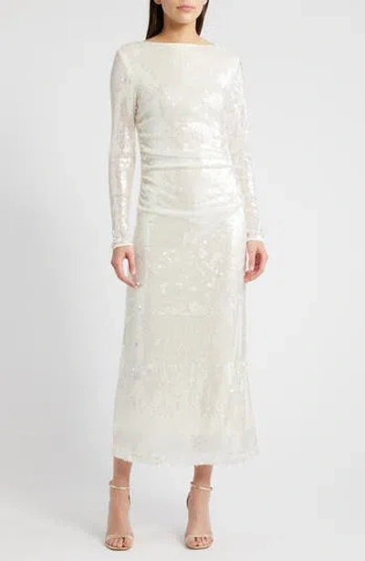 Wayf Kieran Sequin Cowl Back Long Sleeve Cocktail Dress In White