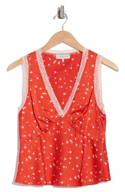 Wayf Lace Trim Gathered Bust Top In Red Ditsy