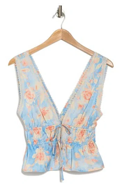 Wayf Lace Trim Sleeveless Crop Peplum Top In Blue Roses