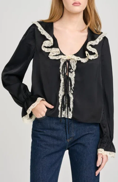 Wayf Lacy Long Sleeve Tie Front Top In Black