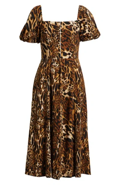 Wayf Leonie Leopard Print Puff Sleeve Midi Dress