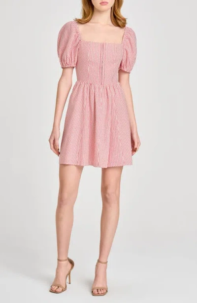 Wayf Leonie Print Puff Sleeve Linen Blend Minidress In Red Mini Dot