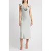 Wayf Lida Ruffle Cap Sleeve Satin Midi Dress In Gray