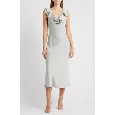 Wayf Lida Ruffle Cap Sleeve Satin Midi Dress In Gray