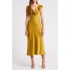 Wayf Lida Ruffle Cap Sleeve Satin Midi Dress In Gold