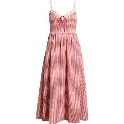 Wayf Lilibet Gingham Lace Trim Midi Dress In Red