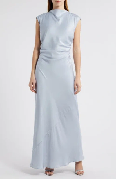 Wayf Lillian Ruched Satin Gown In Dusty Blue