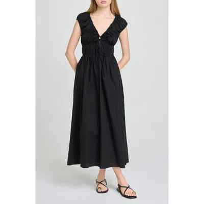 Wayf Liv Ruched Stretch Cotton Poplin Midi Dress In Black