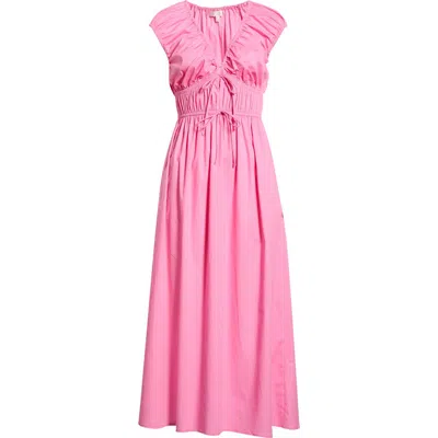Wayf Liv Ruched Stretch Cotton Poplin Midi Dress In Pink