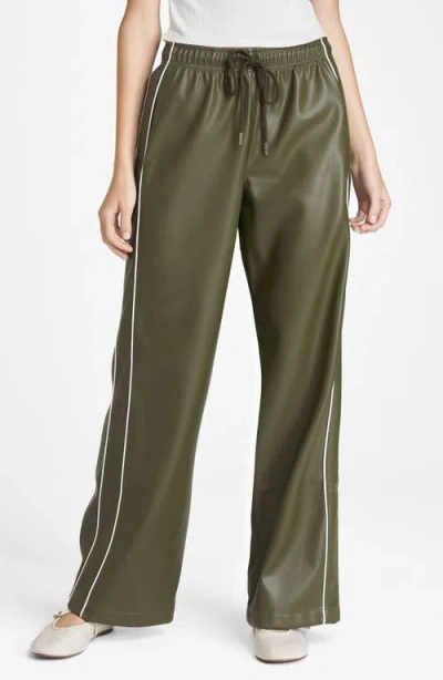 Wayf London Faux Leather Pants In Army Green/ivory