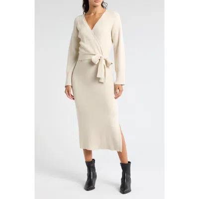 Wayf Long Sleeve Wrap Sweater Dress In Cream
