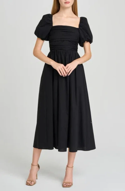 Wayf Lucy Ruched Puff Sleeve Midi Dress In Black