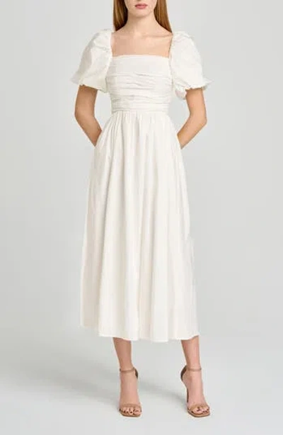 Wayf Lucy Ruched Puff Sleeve Midi Dress In Ivory