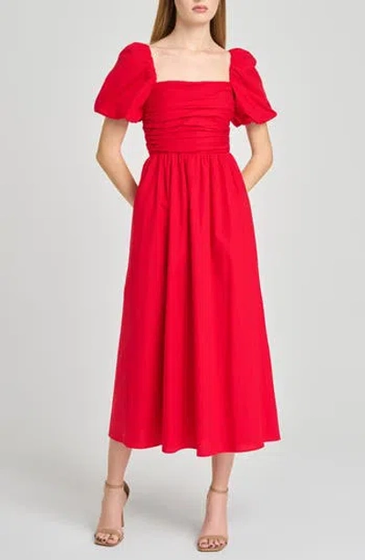 Wayf Lucy Ruched Puff Sleeve Midi Dress In Red