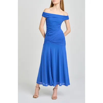 Wayf X Hannah Lovey Porter Margaux Off The Shoulder Ruched Dress In Blue