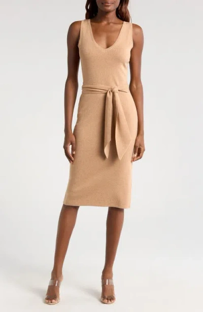 Wayf Martini Tie Waist Sweater Dress In Camel