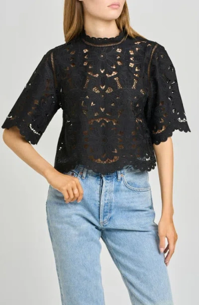 Wayf Mary Floral Embroidered Mock Neck Top In Black