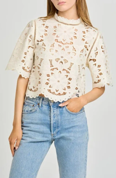 Wayf Mary Floral Embroidered Mock Neck Top In White