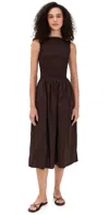 Wayf May Smocked Midi Dress Espresso In Black