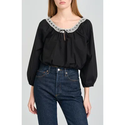 Wayf Mia Boho Lace Trim Gathered Stretch Cotton Top In Black