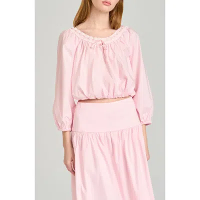 Wayf Mia Boho Lace Trim Gathered Stretch Cotton Top In Pink