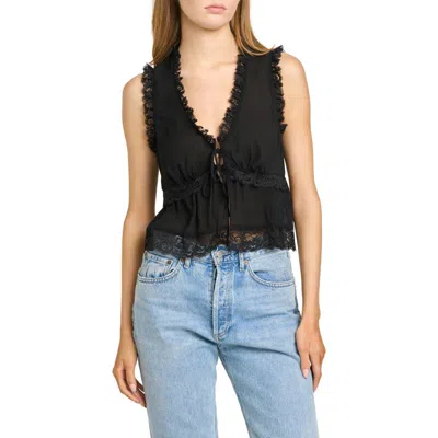 Wayf Norah Lace Trim Tie Front Top In Black